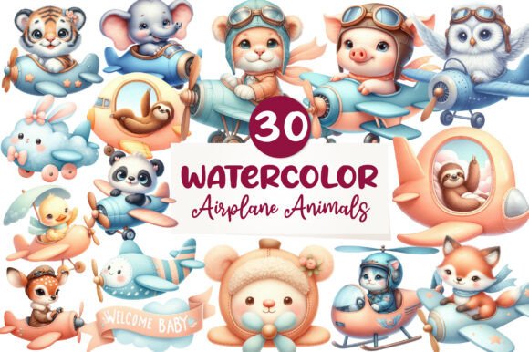 Airplane Watercolor Clipart: Cute Animals for Creative Projects